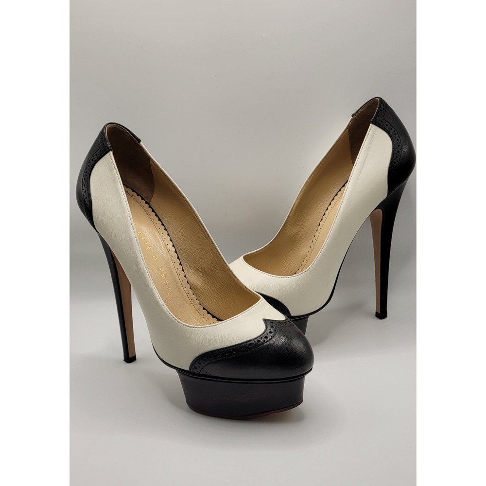 Black/White Charlotte Olympia Platform Leather Wingtip Pumps Size 37